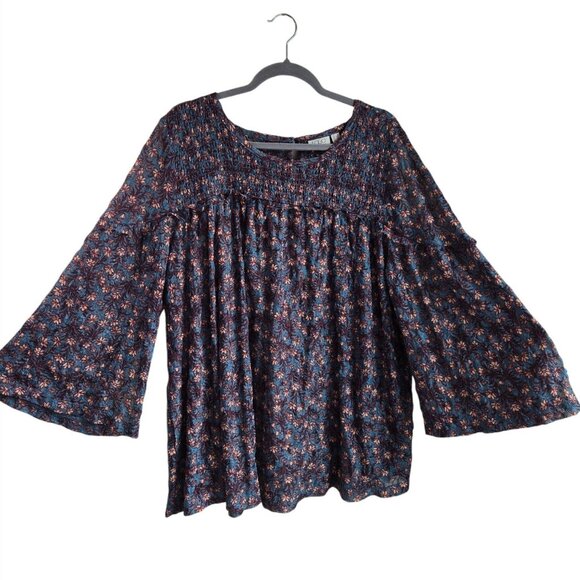 LOGO Lori Goldstein Sz 1X Ditsy Floral Bell Sleeve Tunic Top Flowy Pockets - Picture 1 of 12